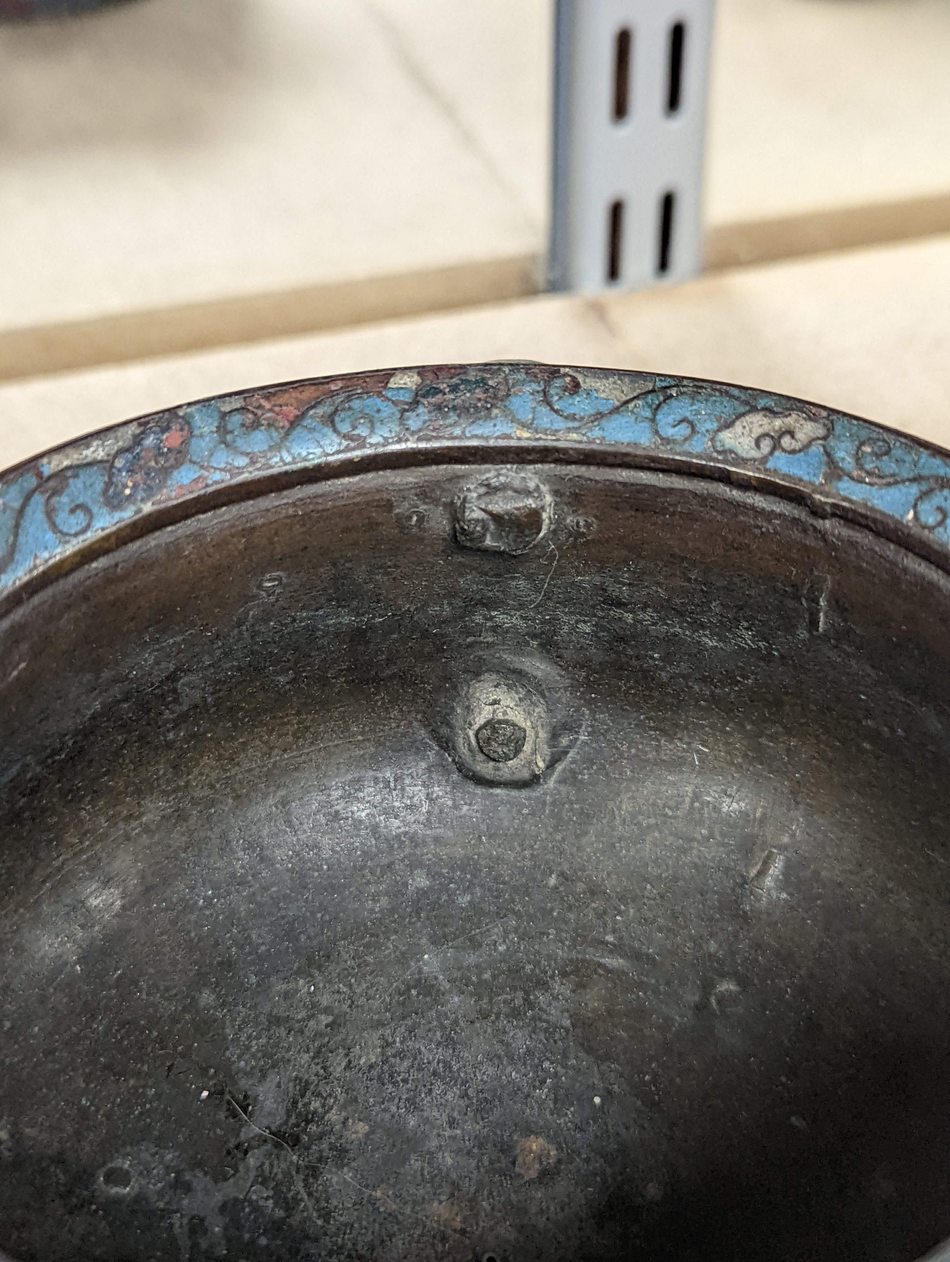 A Chinese late Ming dynasty bronze and cloisonné enamel ding censer 18cm